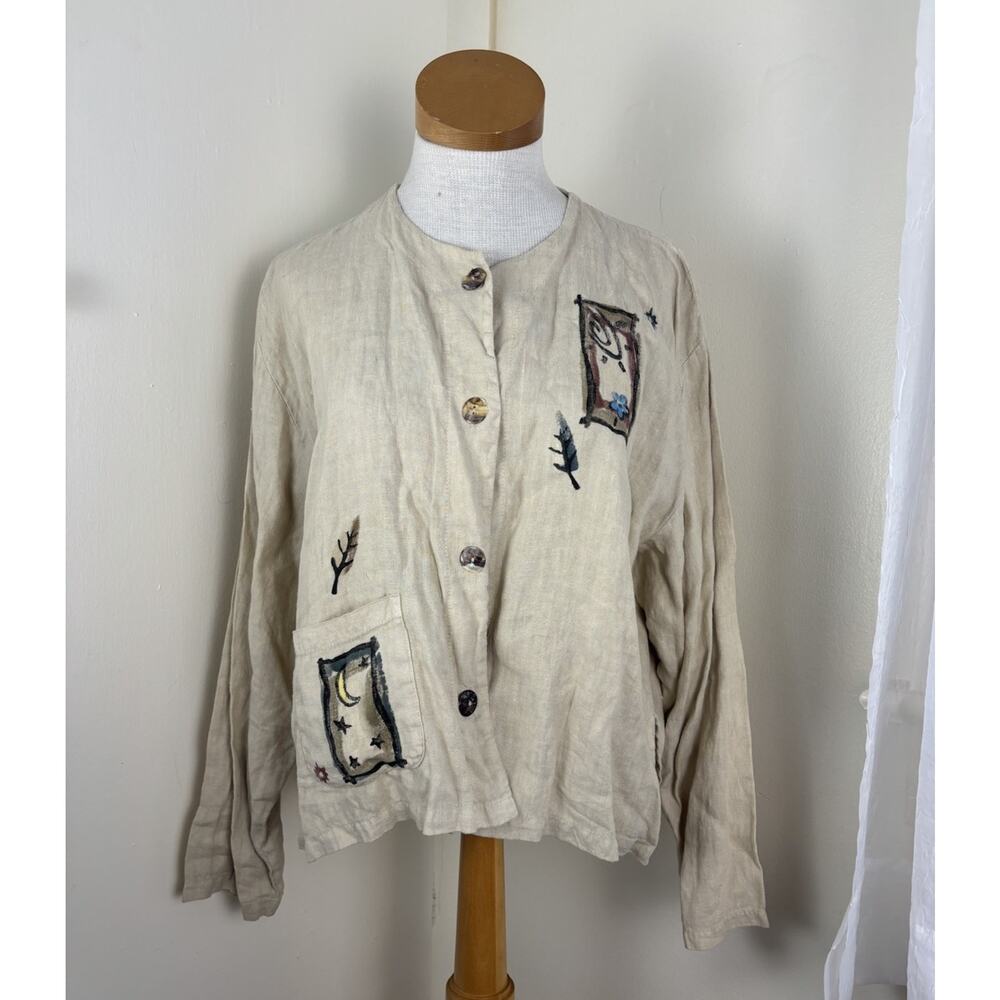 Chalet et Ceci Tunic Top Art to Wear Patchwork Abstract Beige Long Sleeve Large
